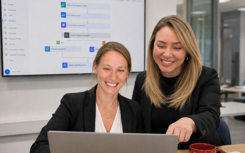 two co-workers look at a laptop where they are improving work processes through automation