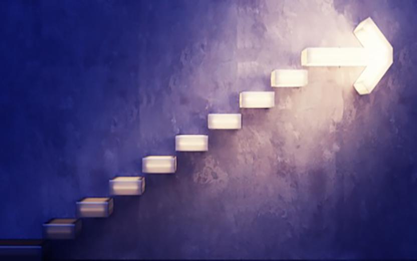 Glowing steps rising to an arrow pointing forward, over a purple background
