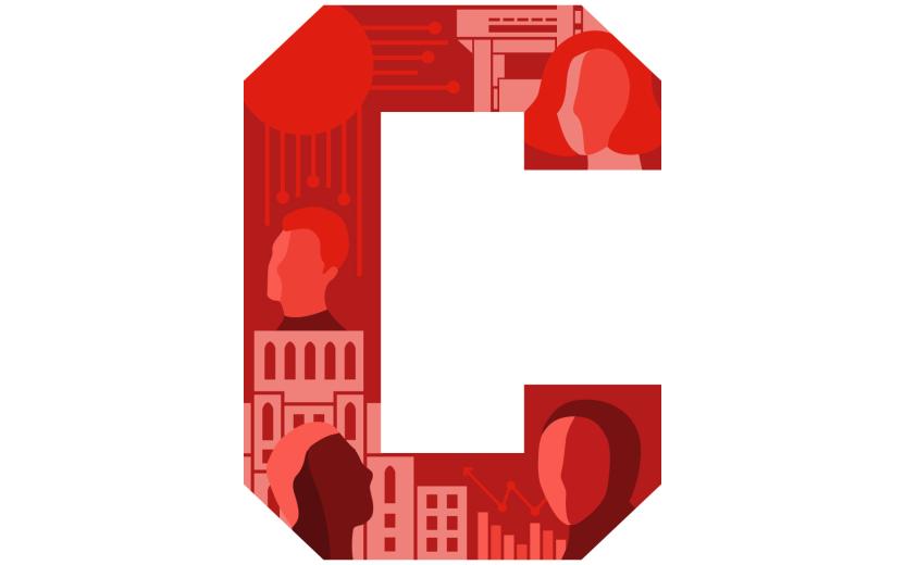 The Cornell C rendered in shades of red with architectural and human details representing unity
