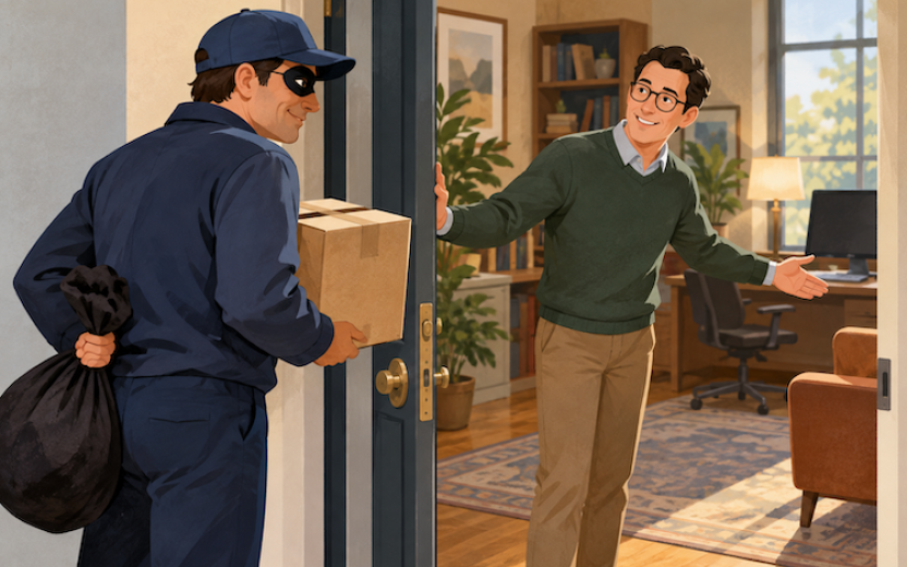 AI generated image of a burglar being invited into someone's home