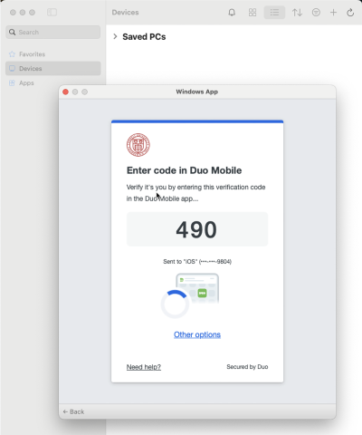 Screen showing Duo Mobile code