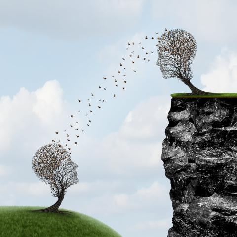 A stylized pair of trees shaped like heads send a stream of leaves to one another.