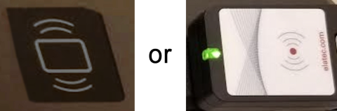 two versions of the card reader. Both are large rectangles near the printers control panel, both display the concentric wave lines indicating wireless communication