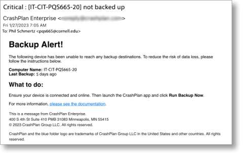 CrashPlan Critical Report screen