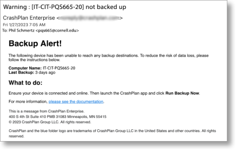 CrashPlan Warning Report