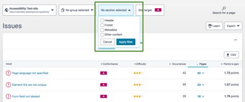 The page sections pulldown menu example