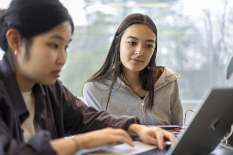 A student working on a laptop while another student looks on