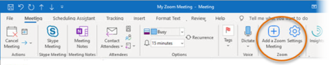 In Outlook, the new Zoom add-in buttons are located toward the right end of the menu in a section titled Zoom and are identified by a blue plus sign in a rounded square to Add meetings, and a blue gear icon for Settings.