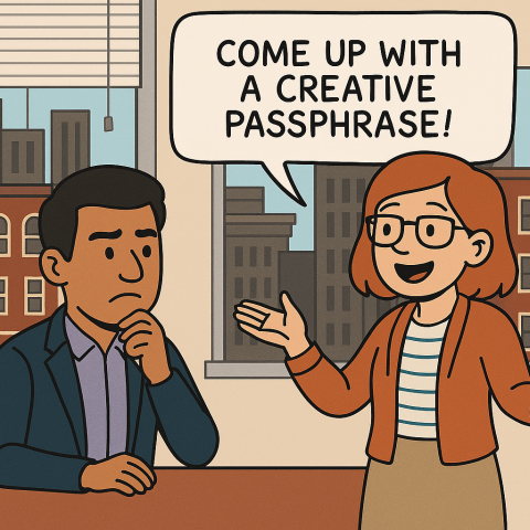 two co-workers discuss creating passphrases