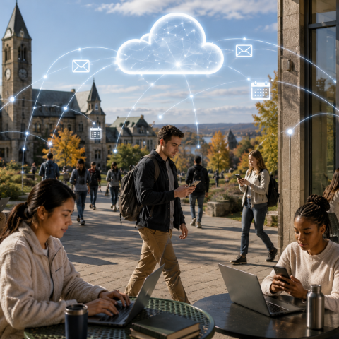 AI generated image of students and staff connecting to email and calendar apps on different devices