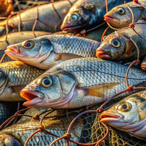 multiple fish caught in a net