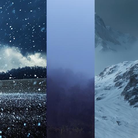 a collage of weather images including fog, hail, and clear skies