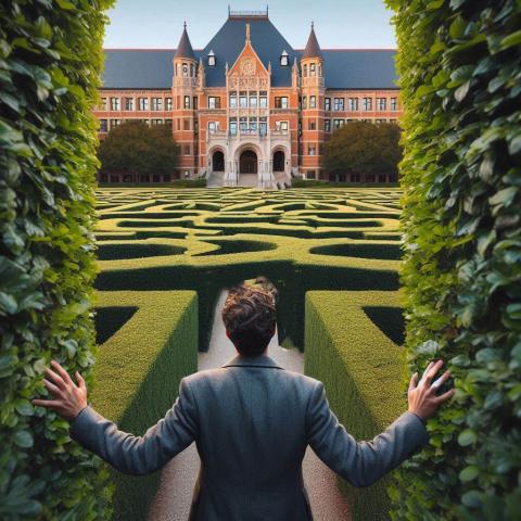 A person parts a hedge to see the view beyond