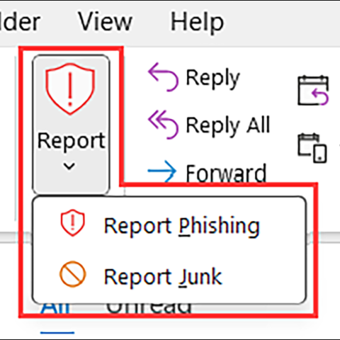 a screenshot of built-in junk and phish reporting tools in Outlook