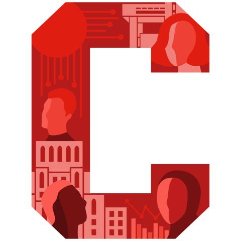 The Cornell C rendered in shades of red with architectural and human details representing unity